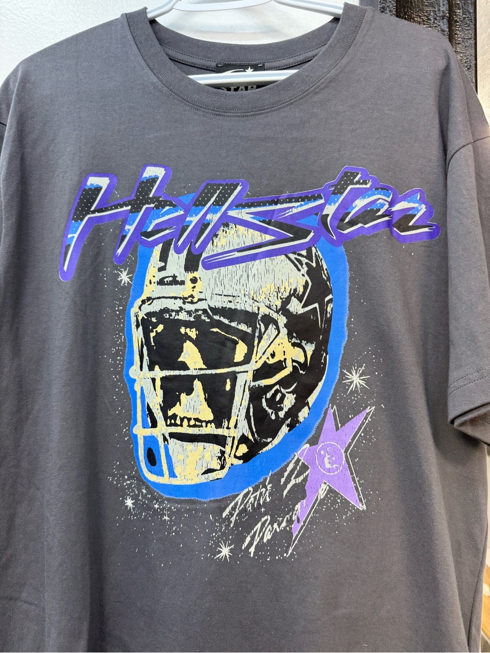 Hellstar Football Graphic T-Shirt in Charcoal with Blue & Purple Accents